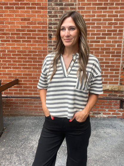 The Callen Stripe Short Sleeve Henley Top