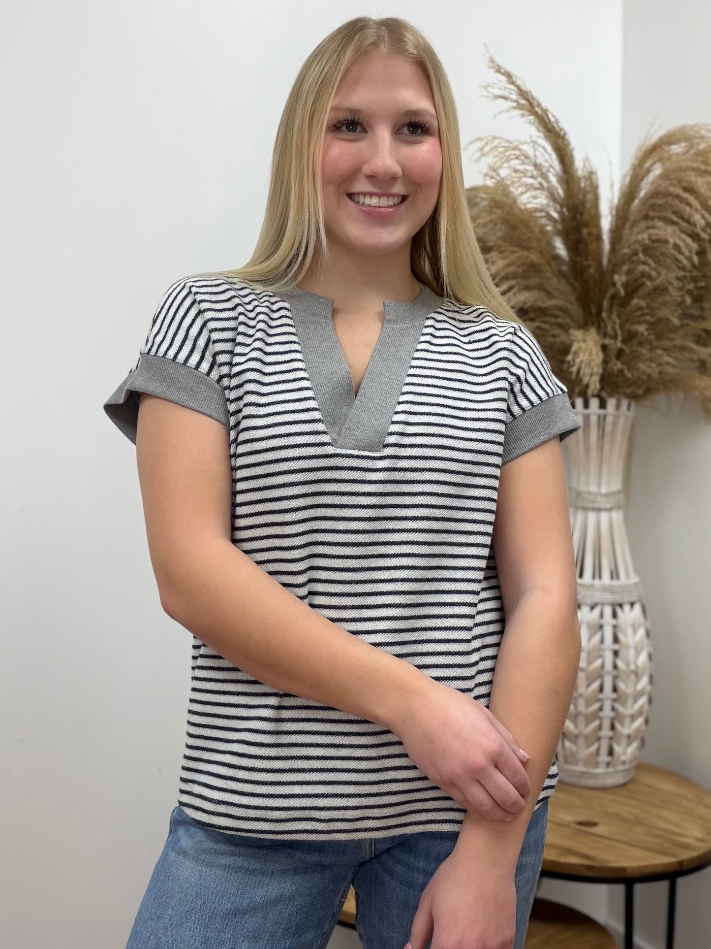 The Rowan Short Sleeve Terry Stripped Top