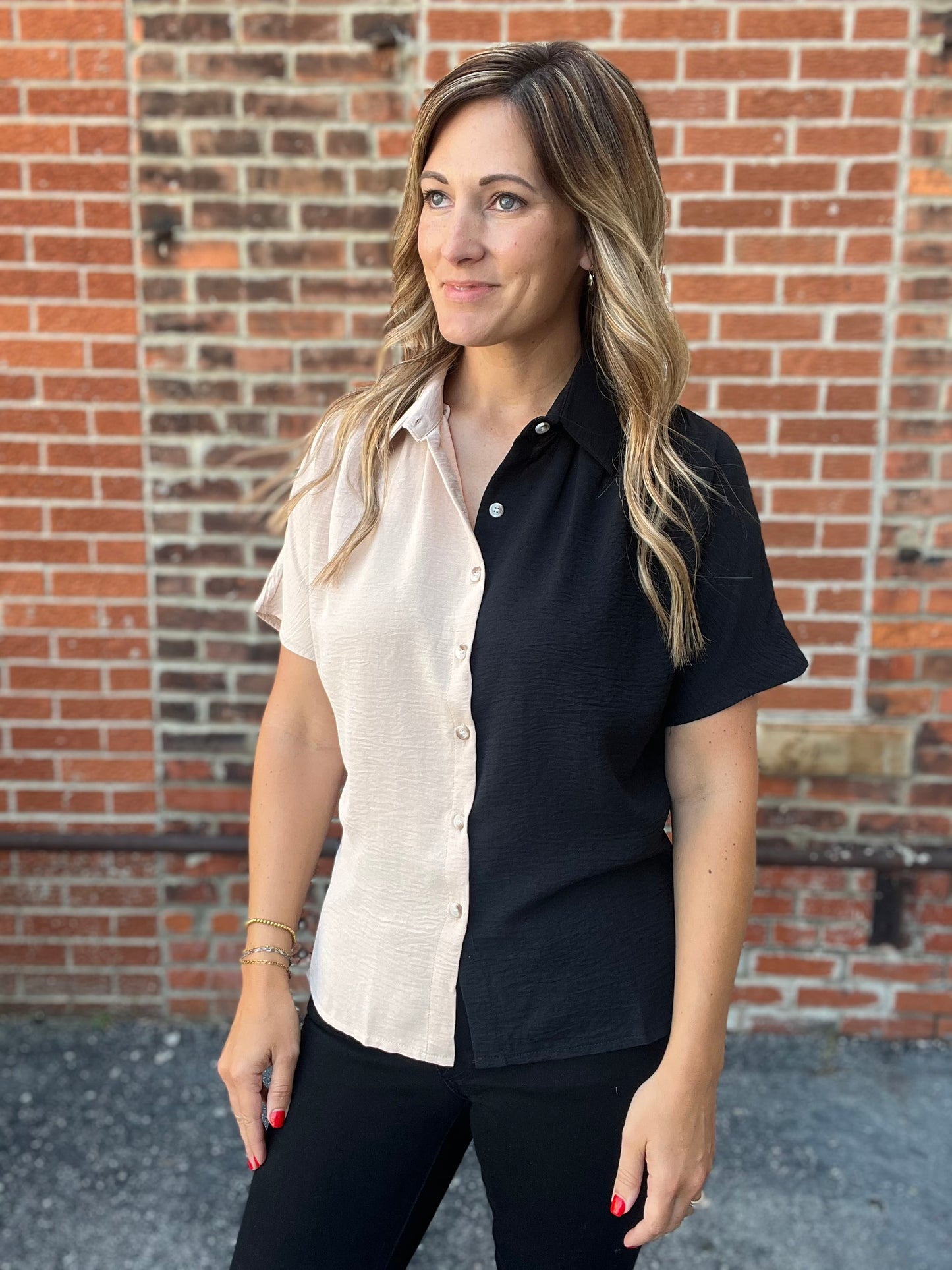 The Evra Black and Beige Button Up