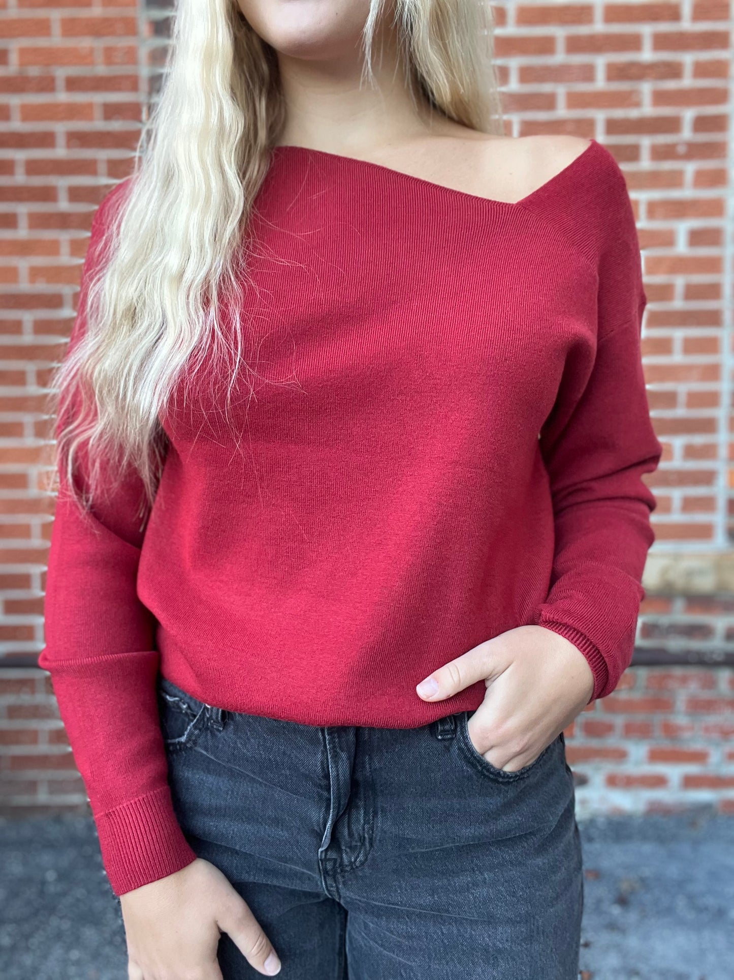 The Carwyn Burgundy Asymmetric Neck Long Sleeve Sweater