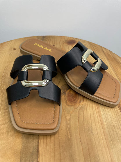 Faux Leather Chic Buckle Slip On Flat Slide Sandals