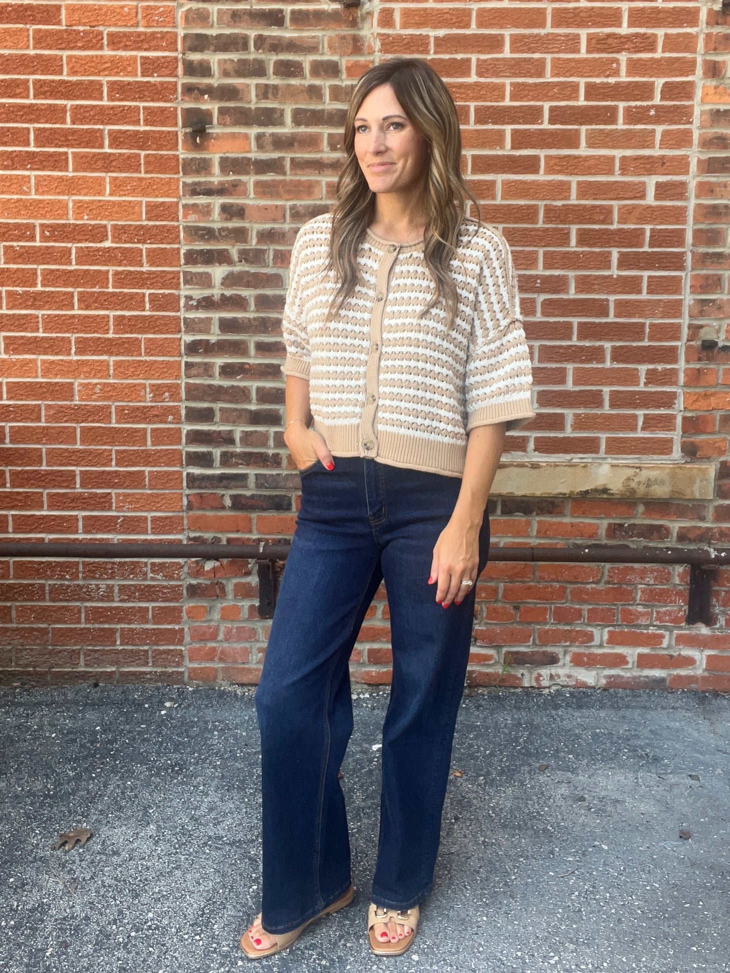The Sandra Stripe Short Sleeve Knit Cardigan