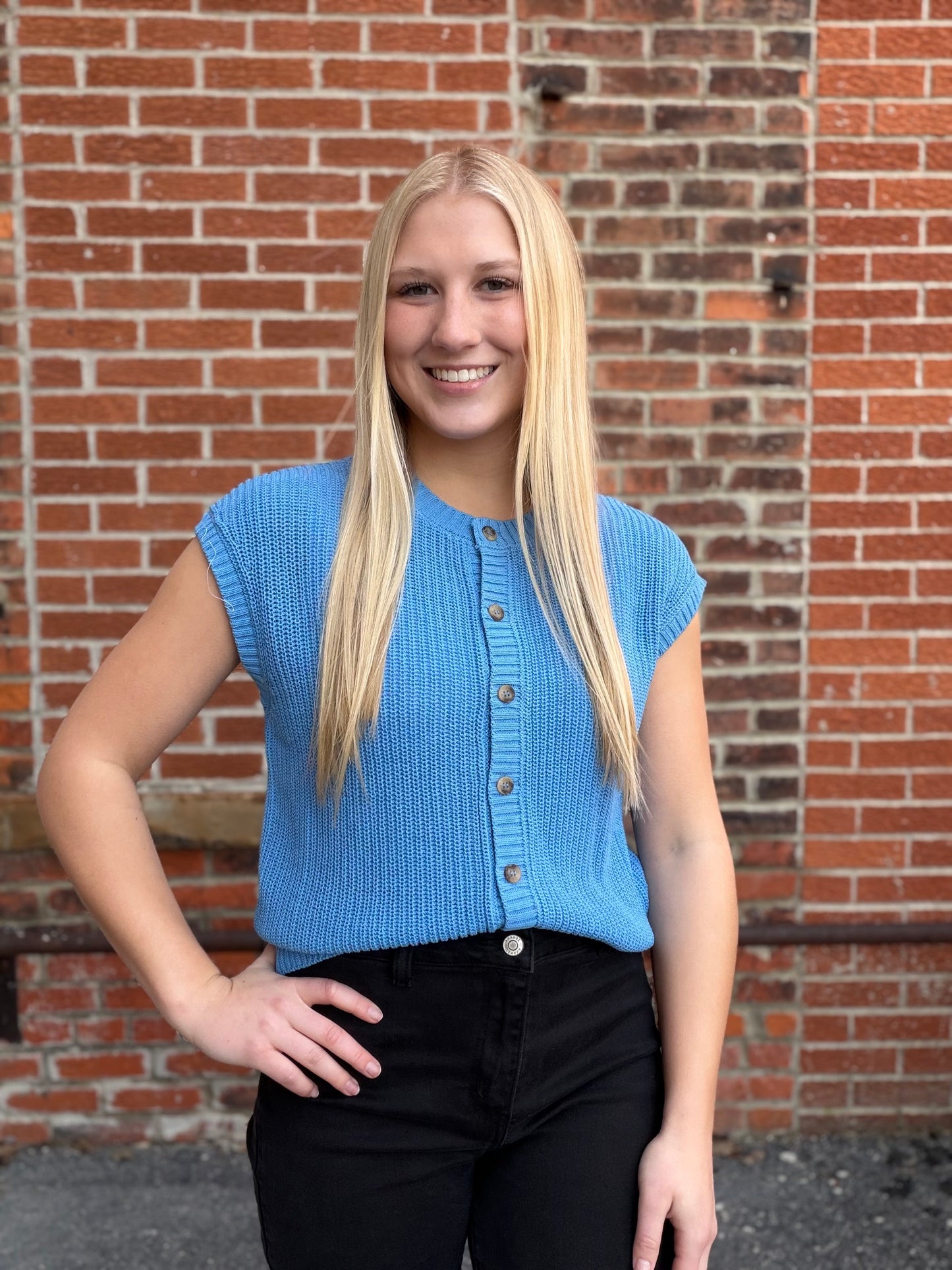 The Avis Short Sleeve Blue Knit Button Vest Top