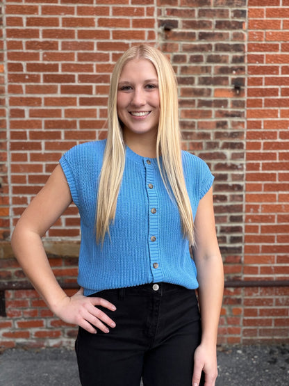 The Avis Short Sleeve Blue Knit Button Vest Top
