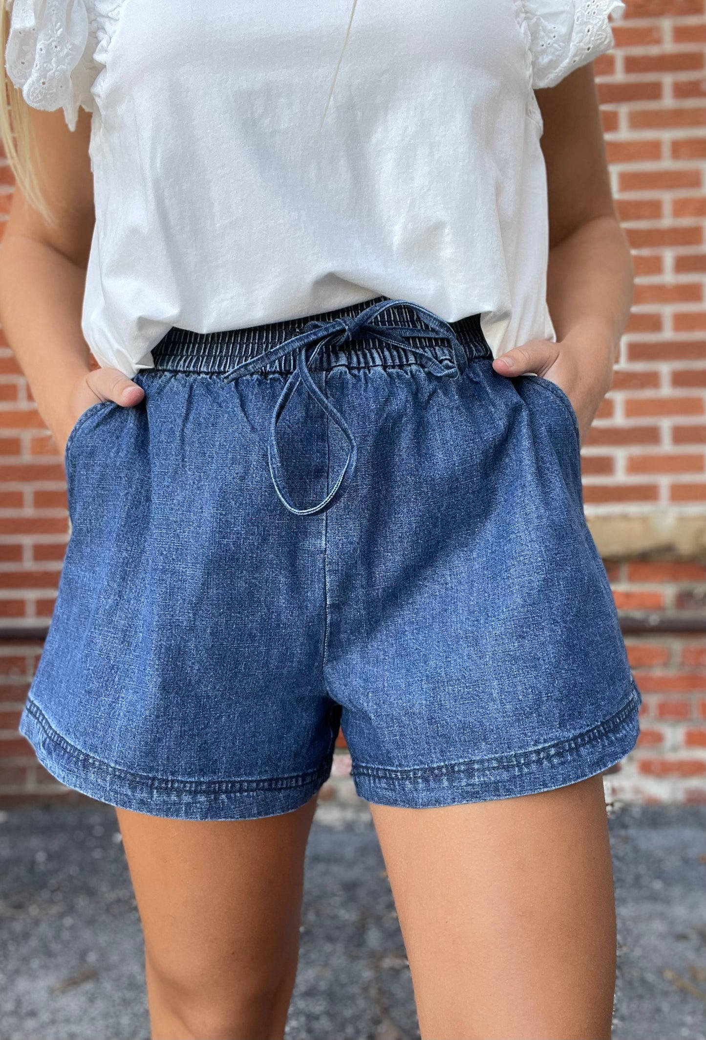 The Saylor Indigo Tie Waist Denim Shorts
