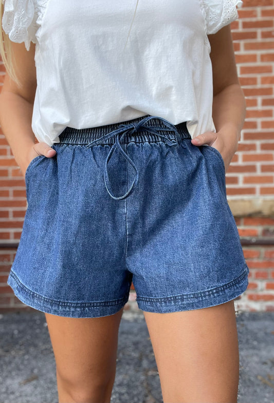 The Saylor Indigo Tie Waist Denim Shorts