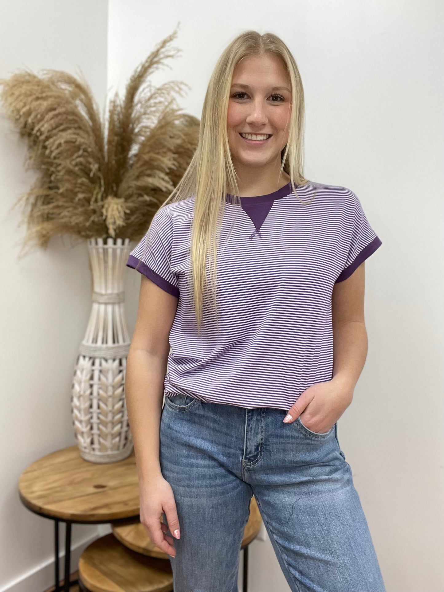 The Lila Striped Knit Purple Short Sleeve Top