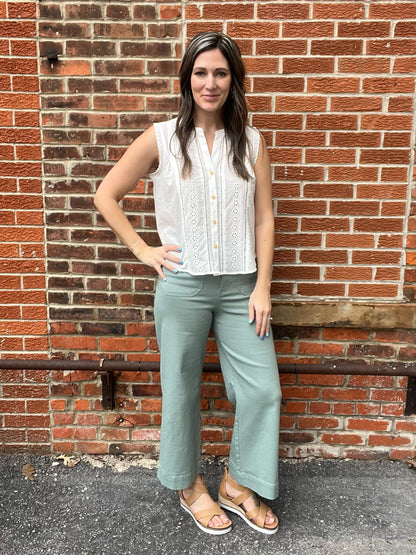 The Tess Lace Detailed Sleeveless Button Down Top