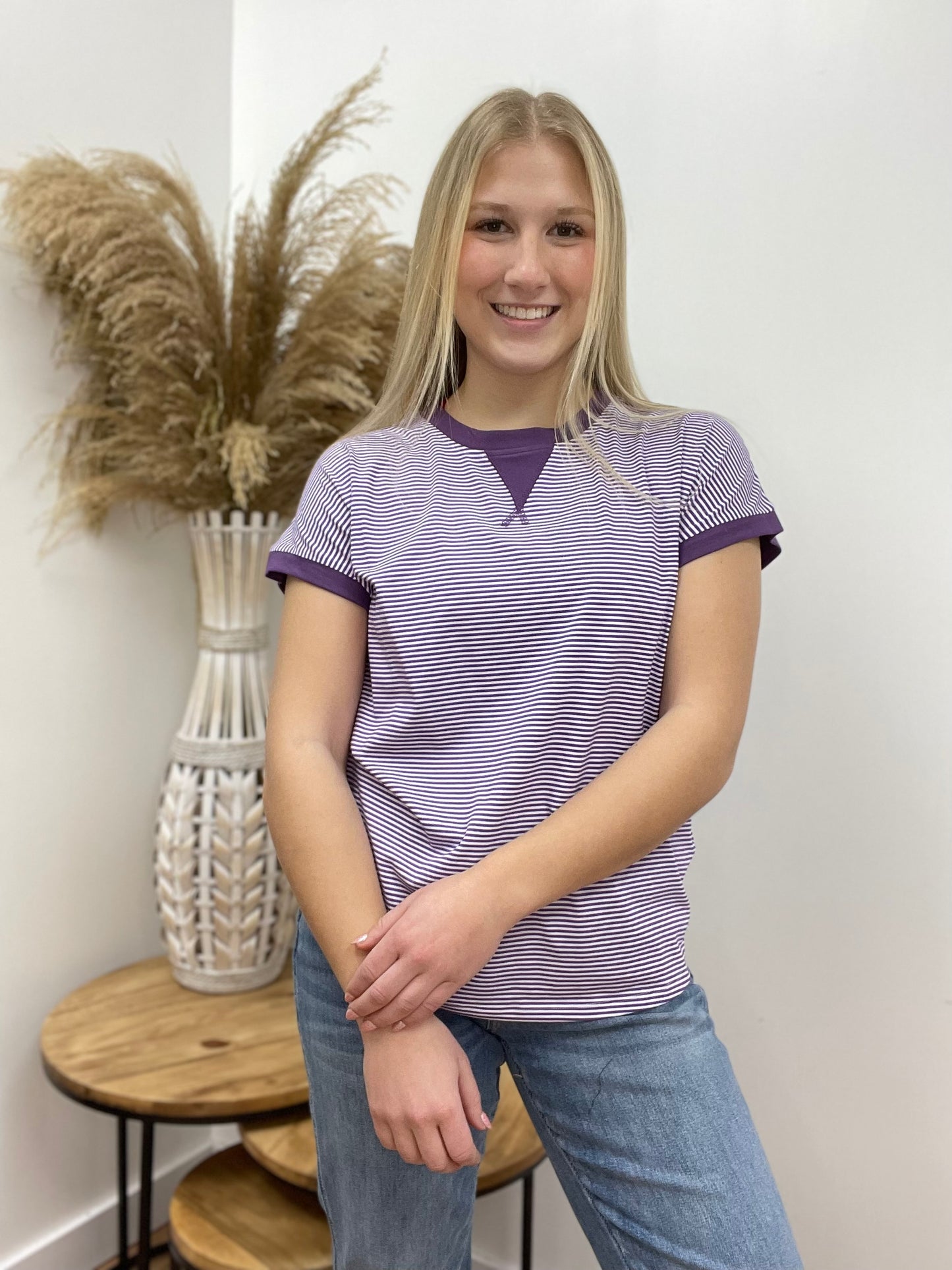 The Lila Striped Knit Purple Short Sleeve Top