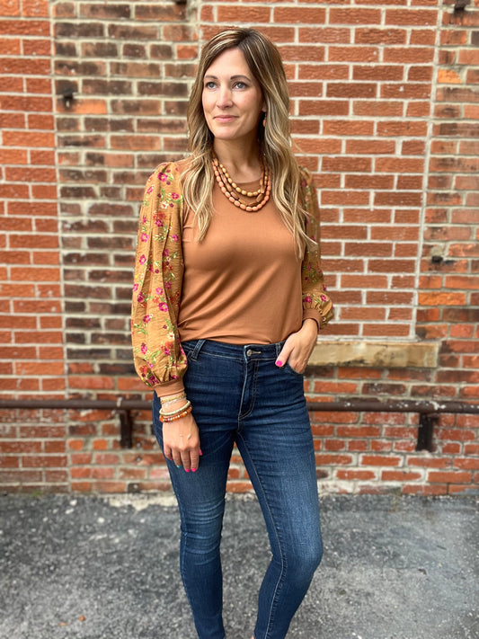 The Raligh Top with Floral Printed Sleeves