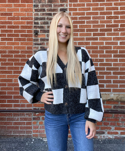 The Quinlet Black and Cream Checkered Cardigan