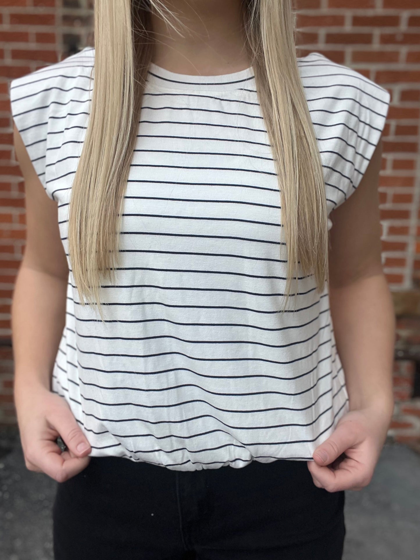 The Livia Navy Striped Cinched Tank Top