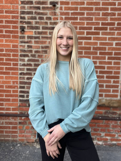 The Soren Dusty Blue Exposed Seam Knit Top