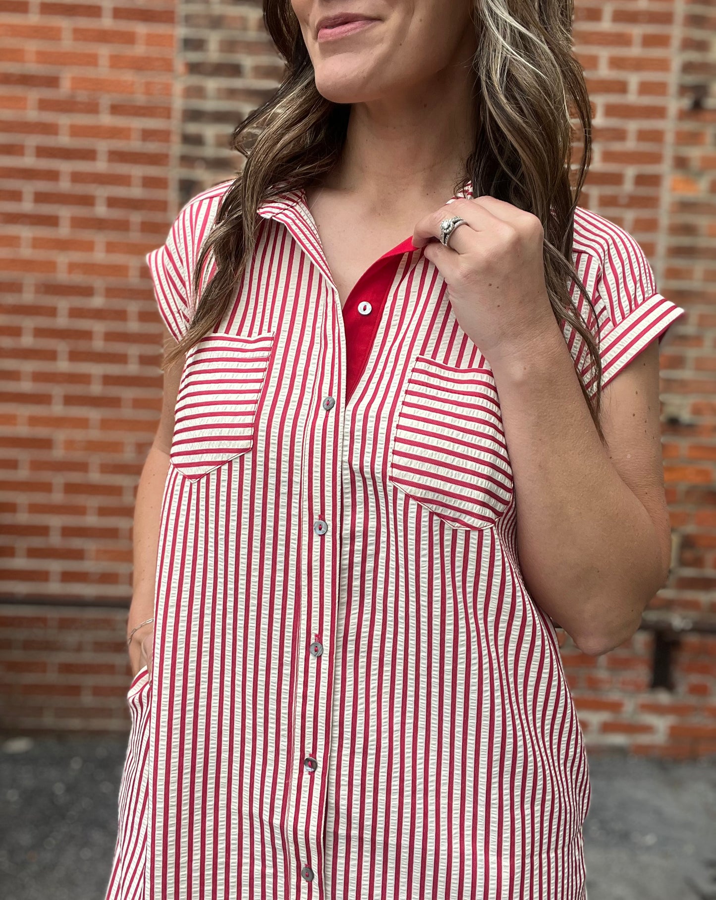 The Emery Red Striped Button Down Dress