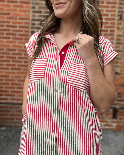 The Emery Red Striped Button Down Dress
