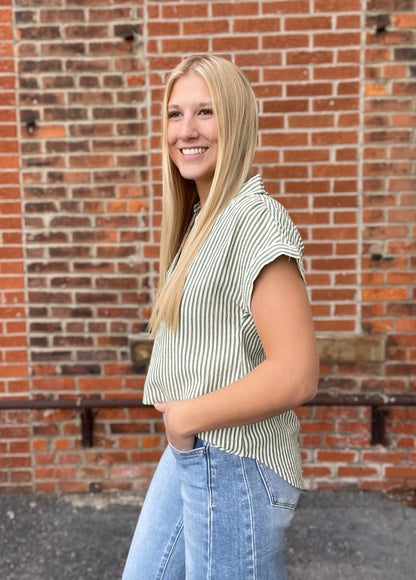 The Delaney Stripe Collared V Neckline Shirt