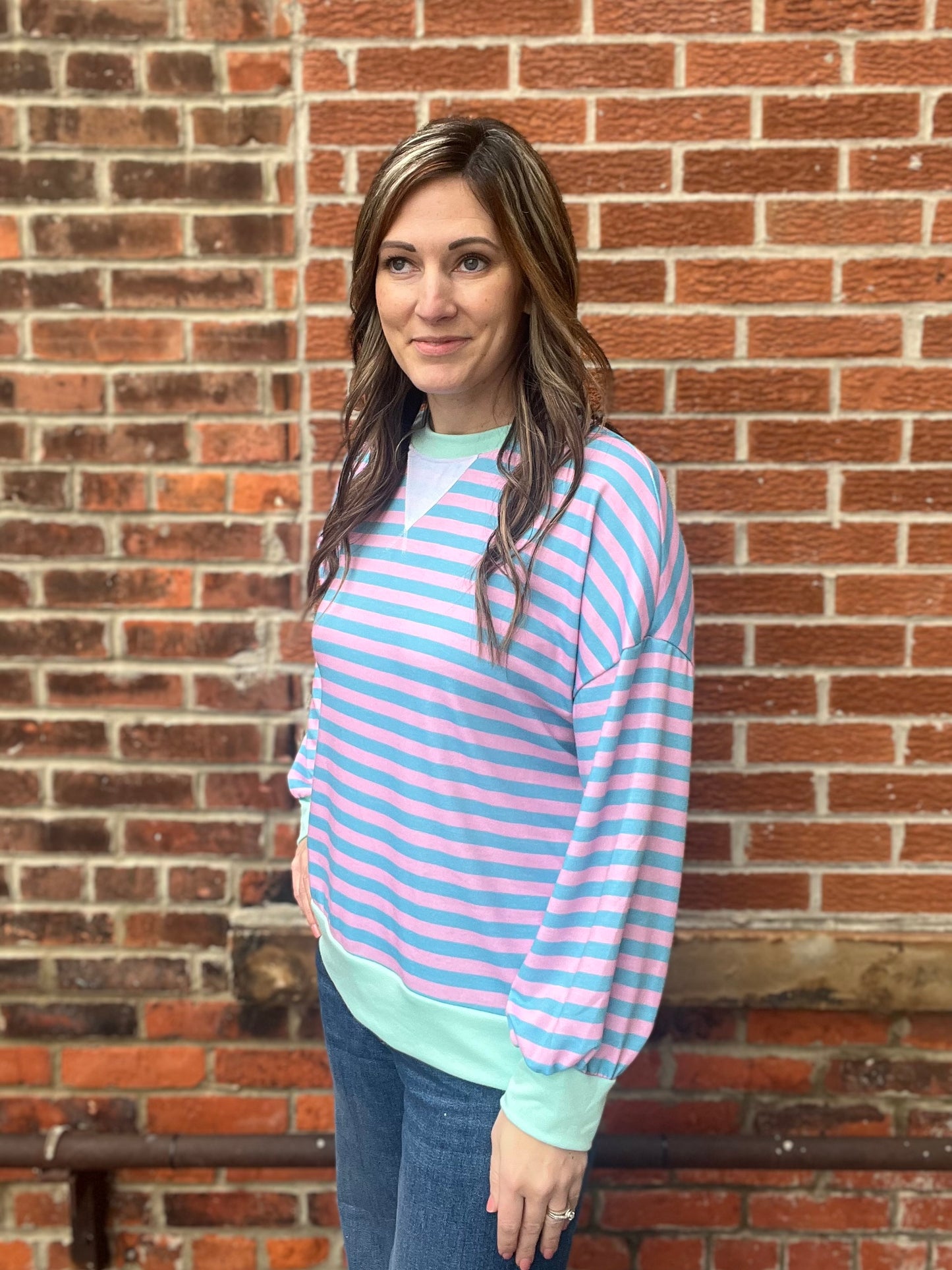 The Nectar Teal Pullover Striped Crewneck