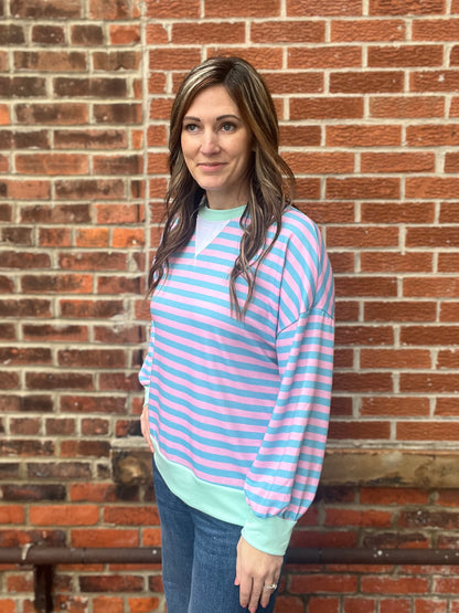 The Nectar Teal Pullover Striped Crewneck