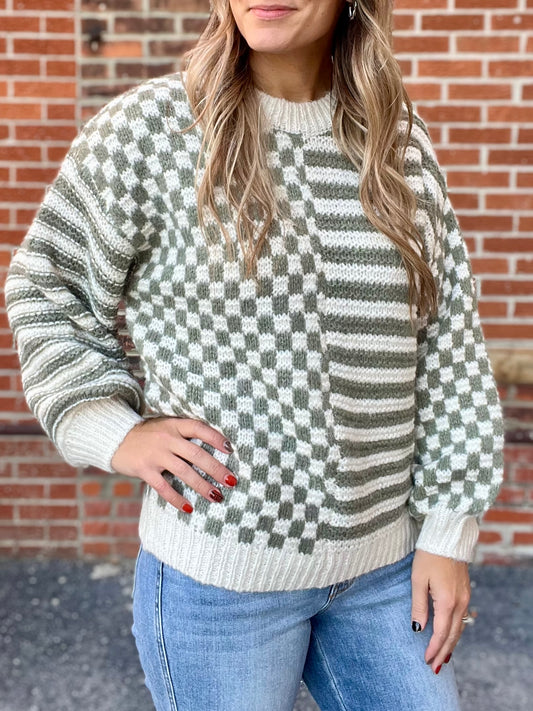 The Sherry Olive and Cream Checkered Sweater