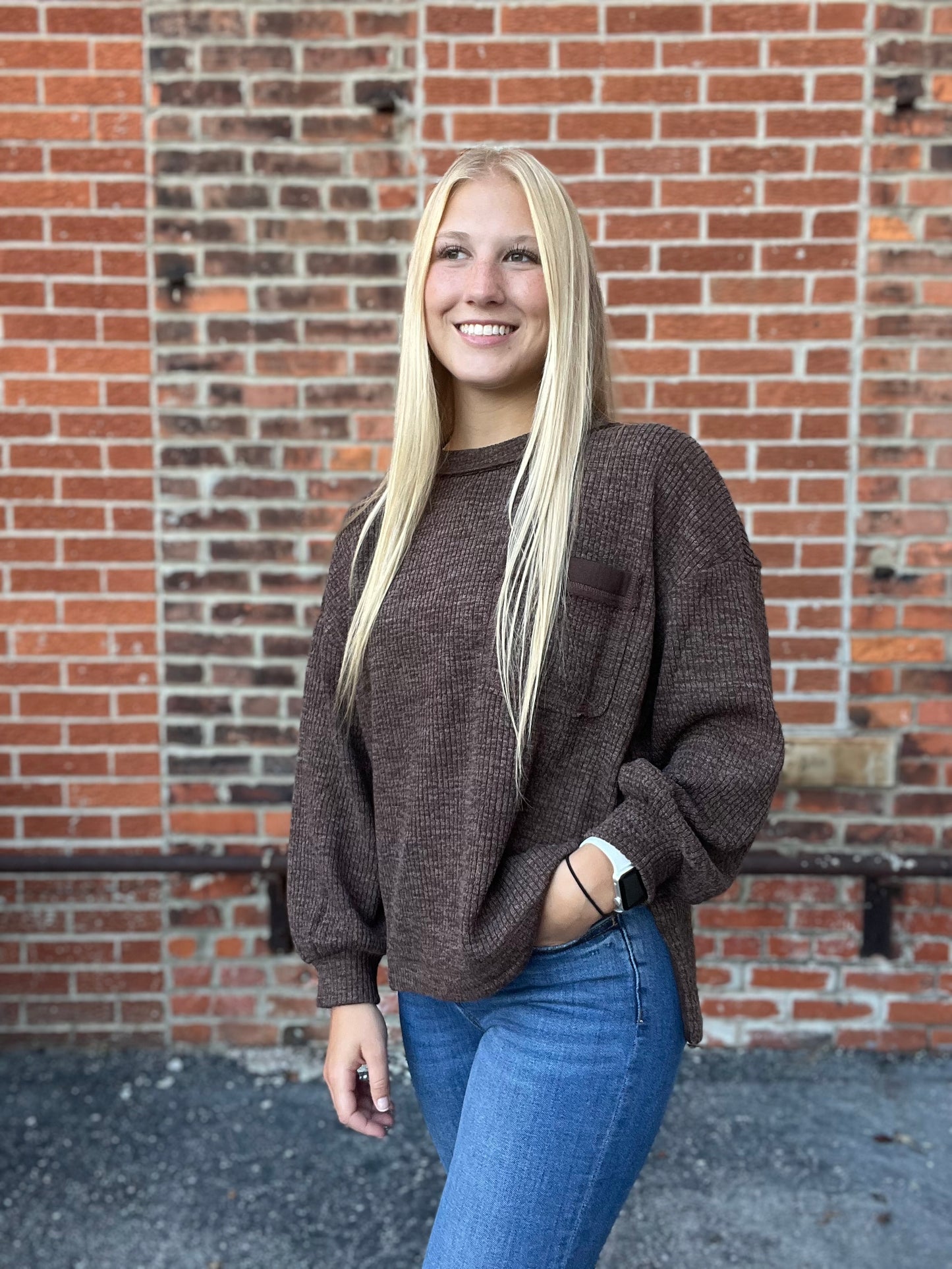 The Demi Dark Brown Crew Neck Long Sleeve Knit Top