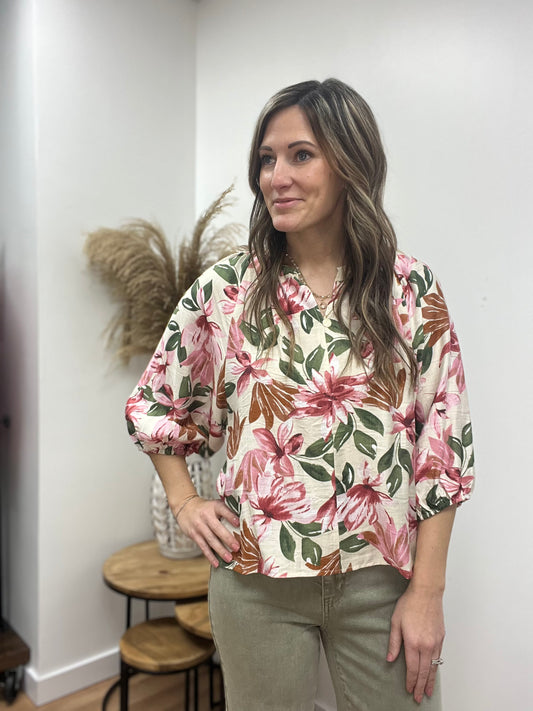 The Rosy Floral Print V Neck Blouse