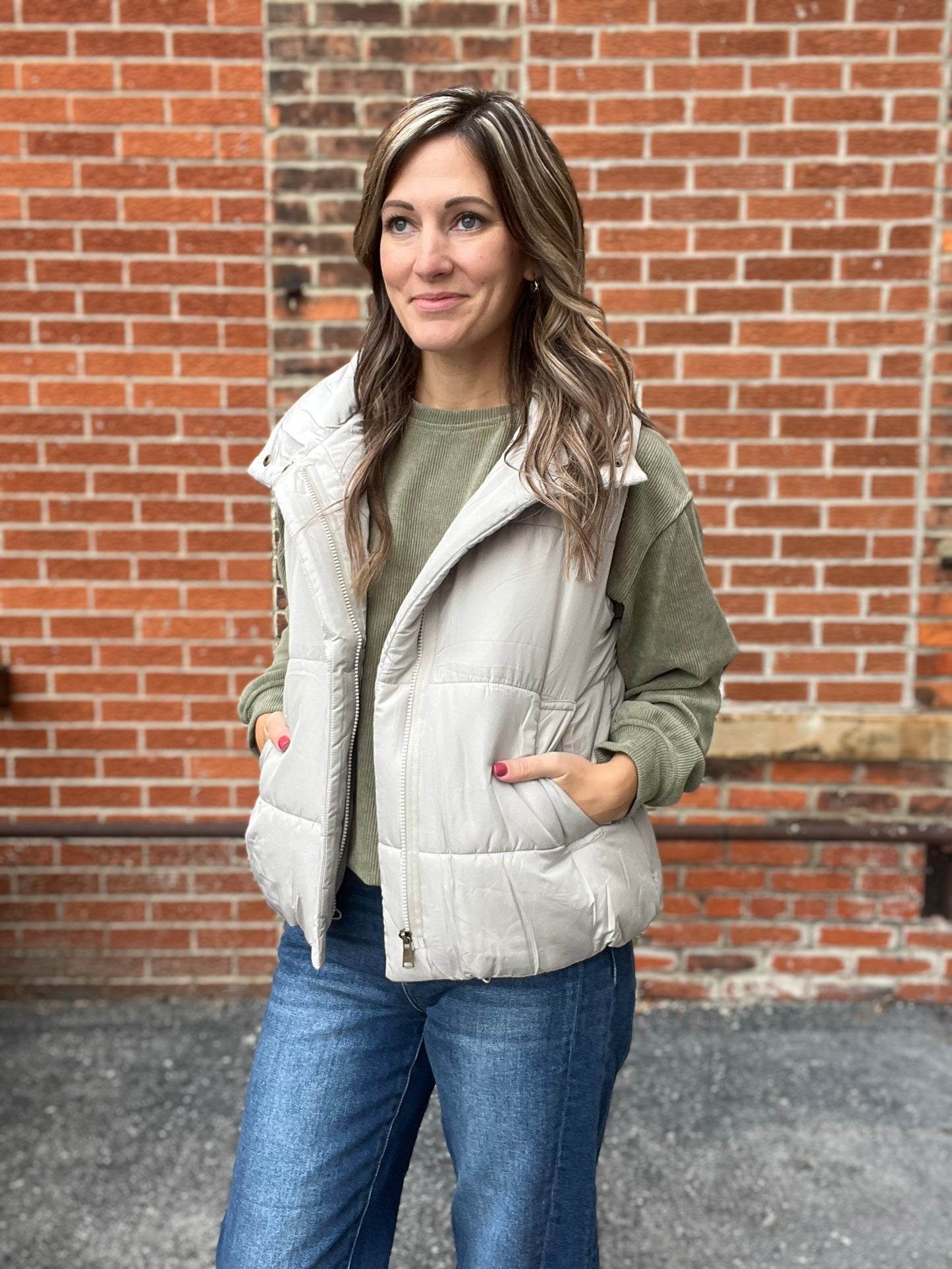 The Lou Solid Zip Up Puffer Vest Cement