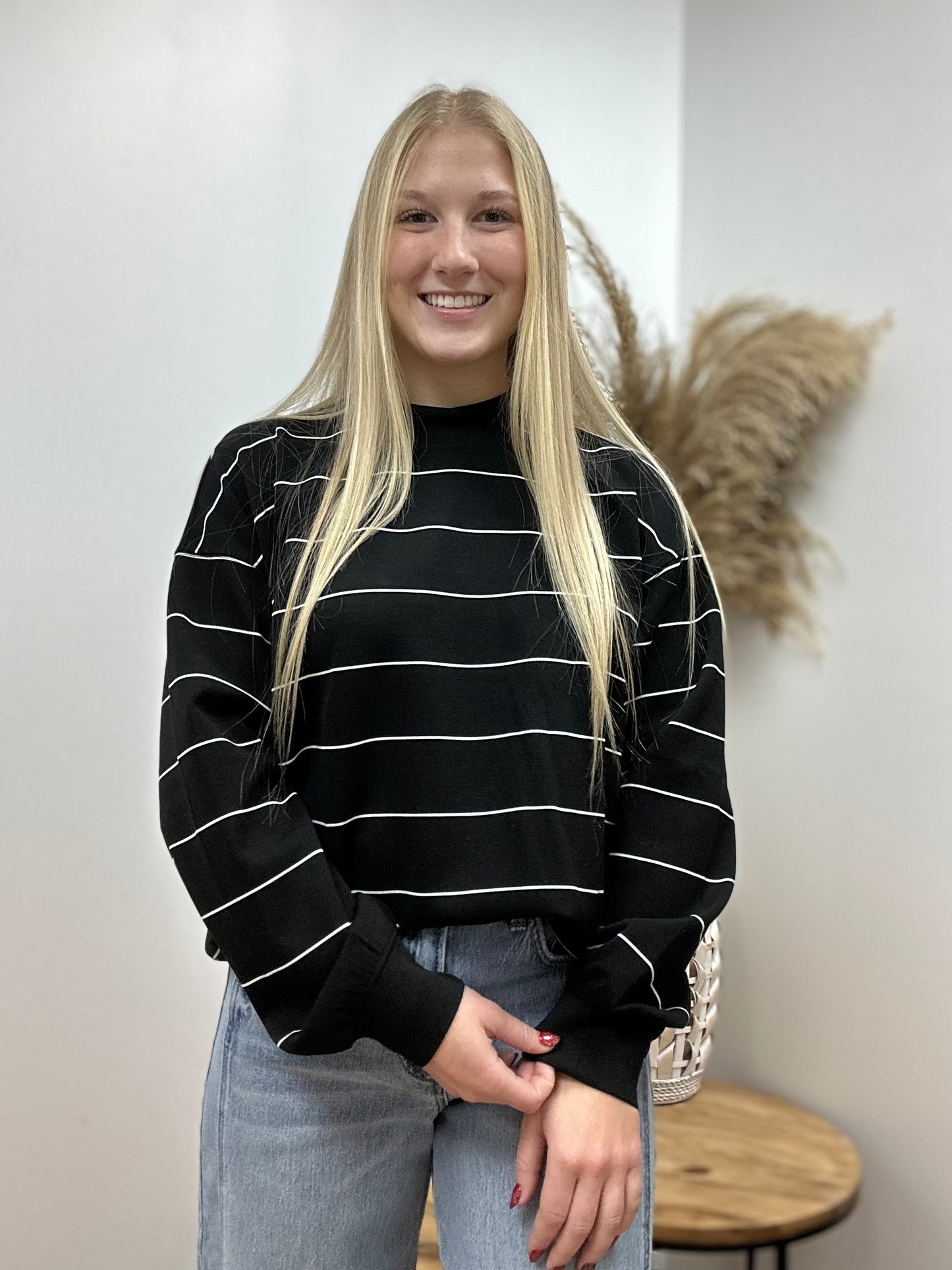 The Tess Poly Striped Black Top