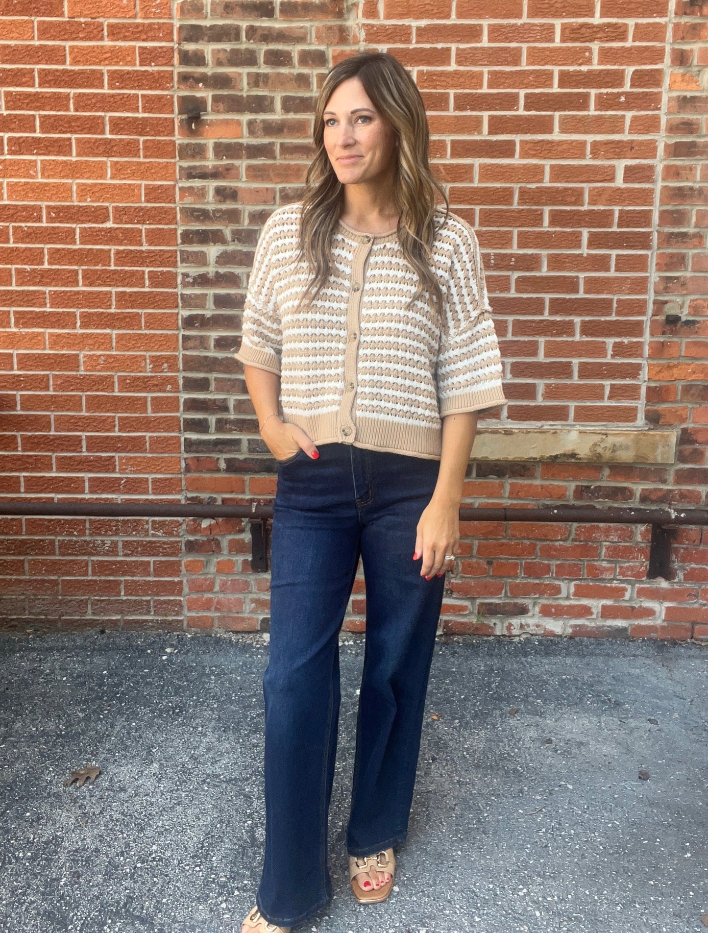 The Sandra Stripe Short Sleeve Knit Cardigan
