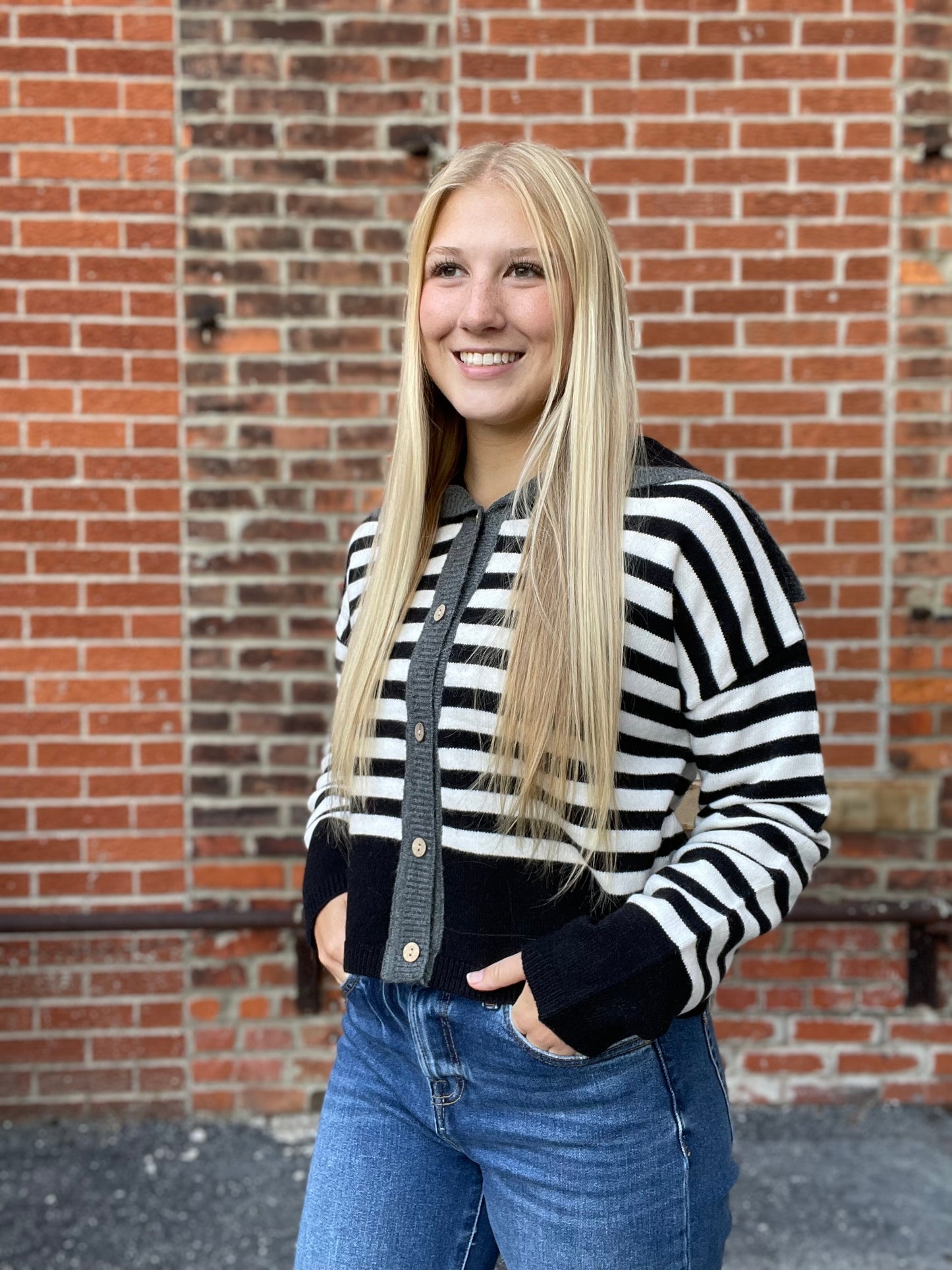 The Sable Sailor Collar Striped Button Up Sweater