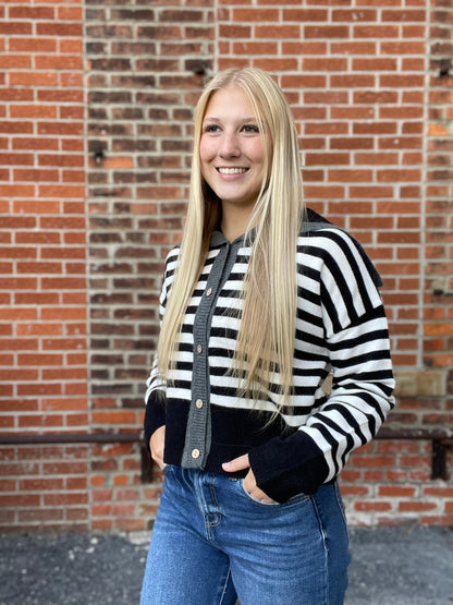 The Sable Sailor Collar Striped Button Up Sweater