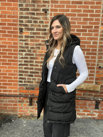 The Aira Black Long Puffer Vest
