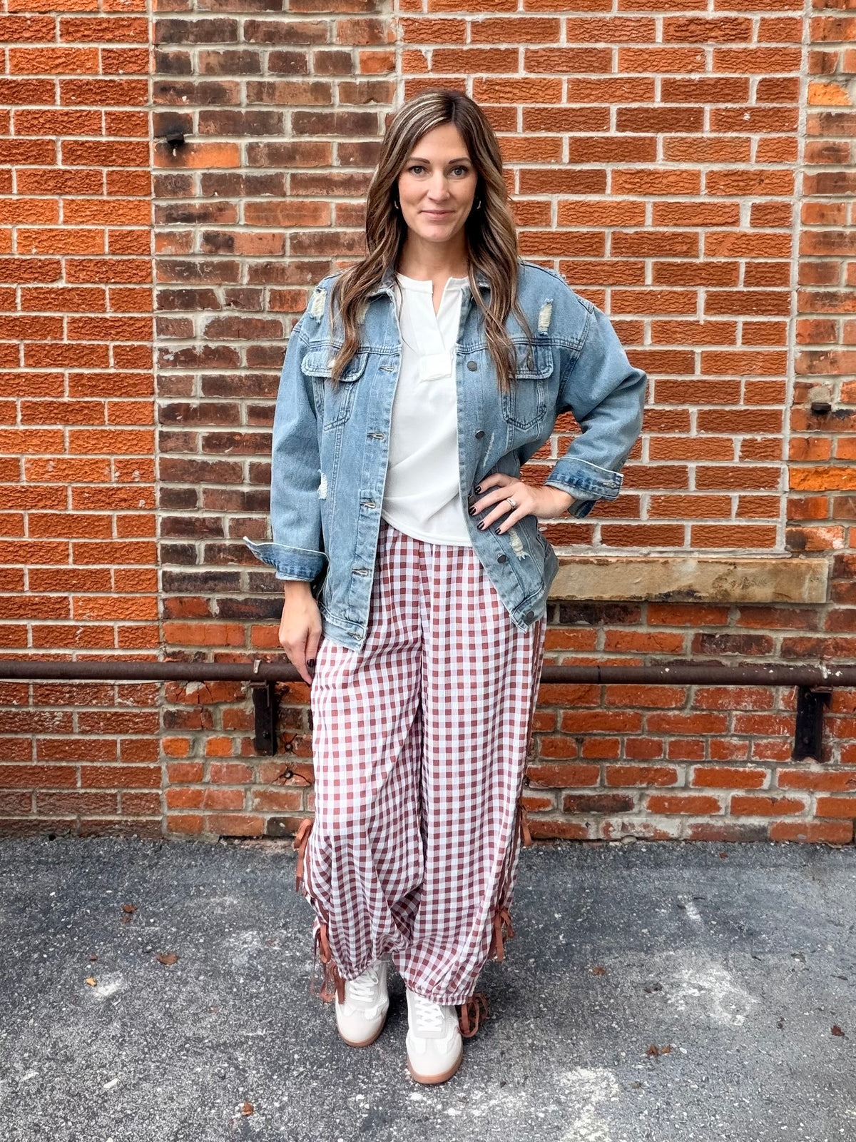 The Steele Gingham Bow Tie Wide Leg Cargo Pants