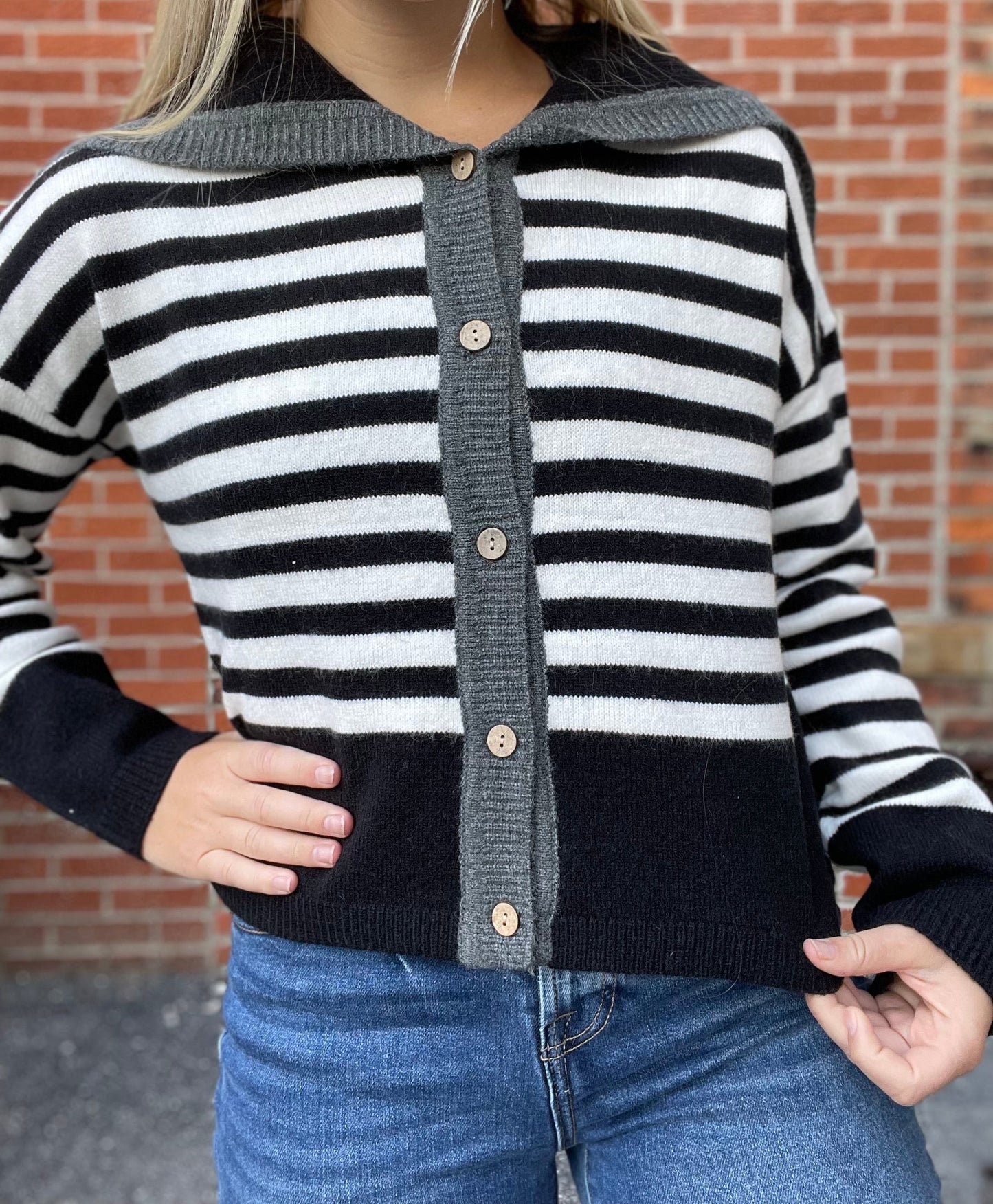 The Sable Sailor Collar Striped Button Up Sweater