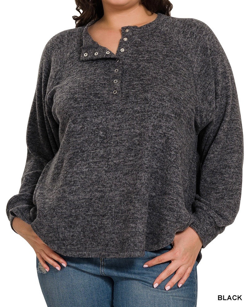 The Aster Curvy Brushed Melange Hacci Oversized Button Henley Top