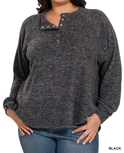 The Aster Curvy Brushed Melange Hacci Oversized Button Henley Top