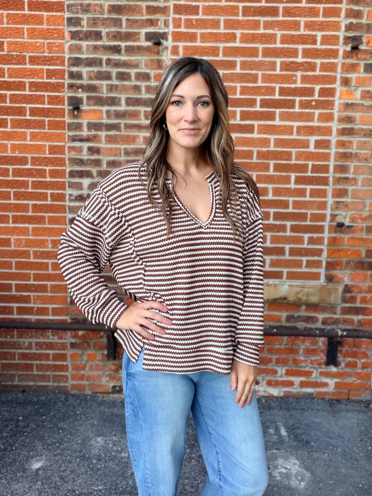 The Kaysen Stripe Split Neck Long Sleeve Knit Top