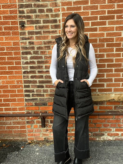 The Aira Black Long Puffer Vest