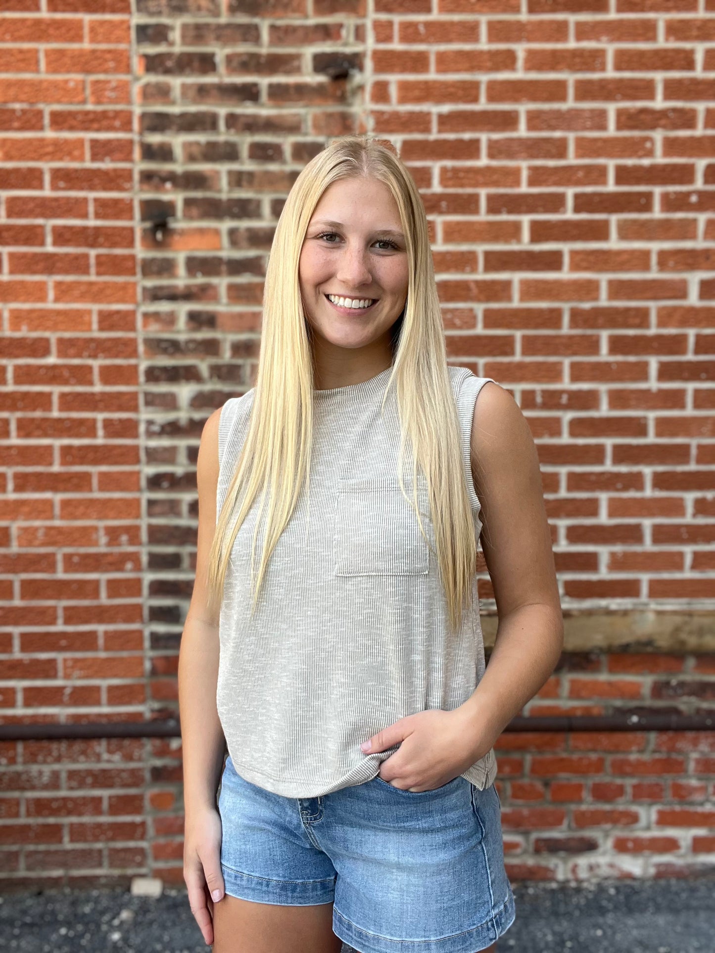 The Olivara Crew Neck Sleeveless Sand Top