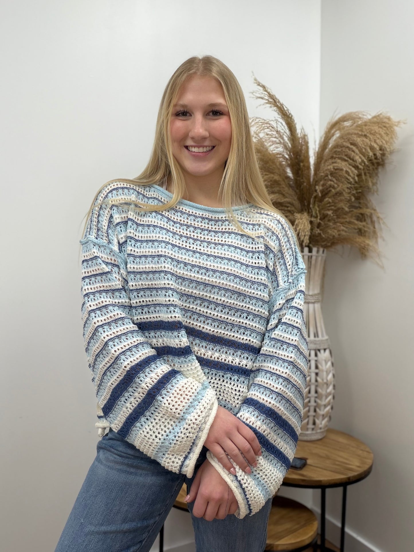 The Halley Striped Crochet Knit Long Sleeve Sweater
