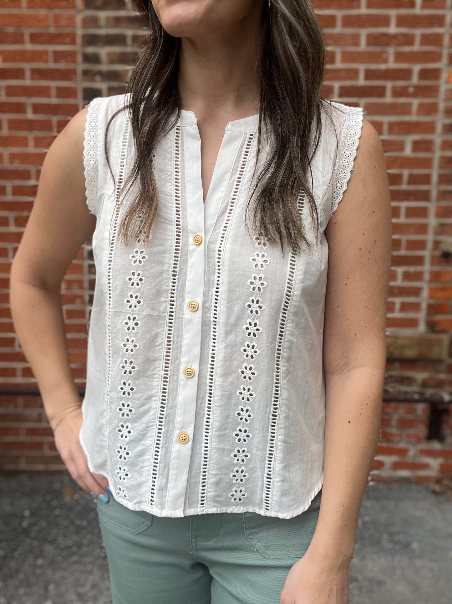The Tess Lace Detailed Sleeveless Button Down Top