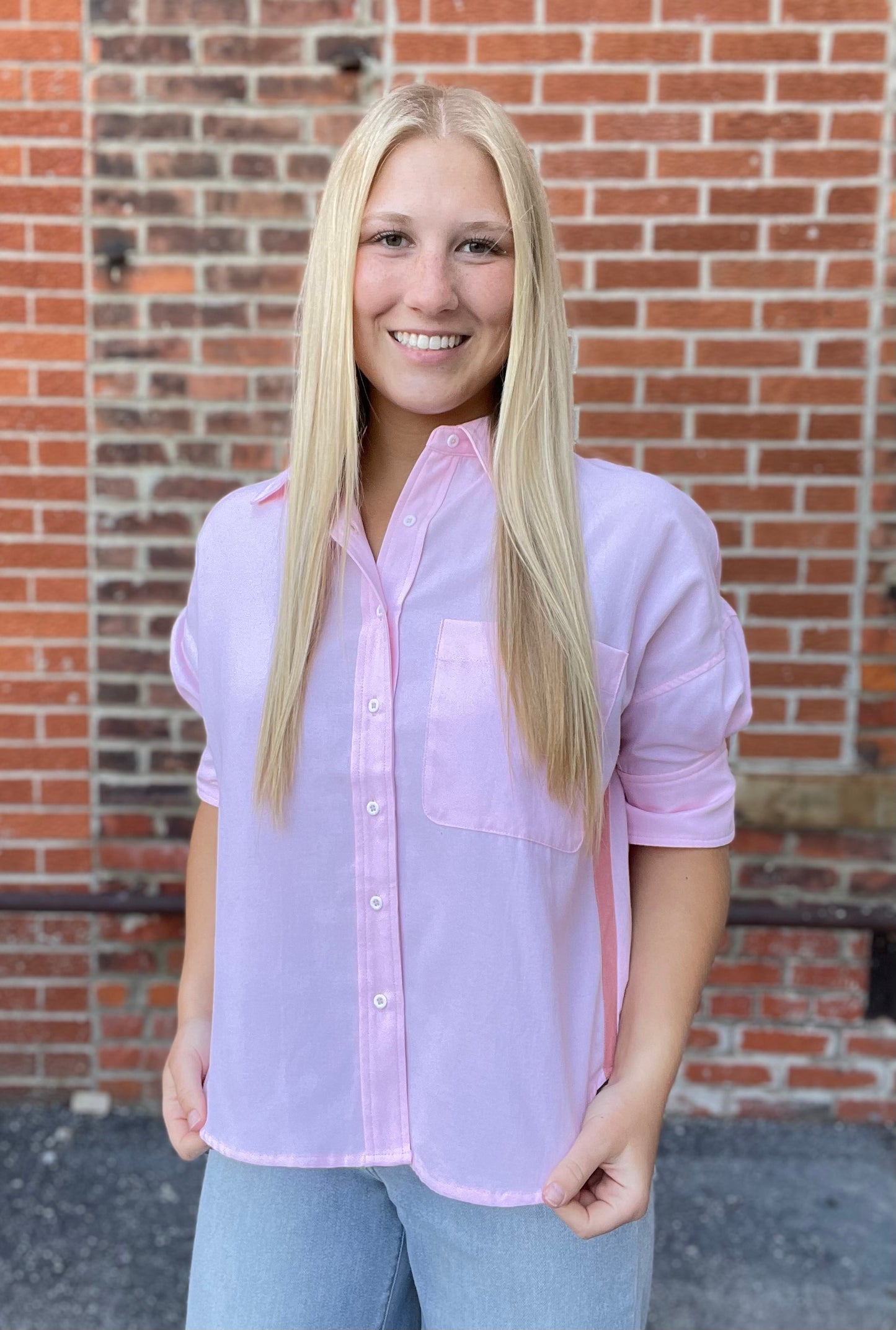 The Kai Light Pink Striped Detail Button Down