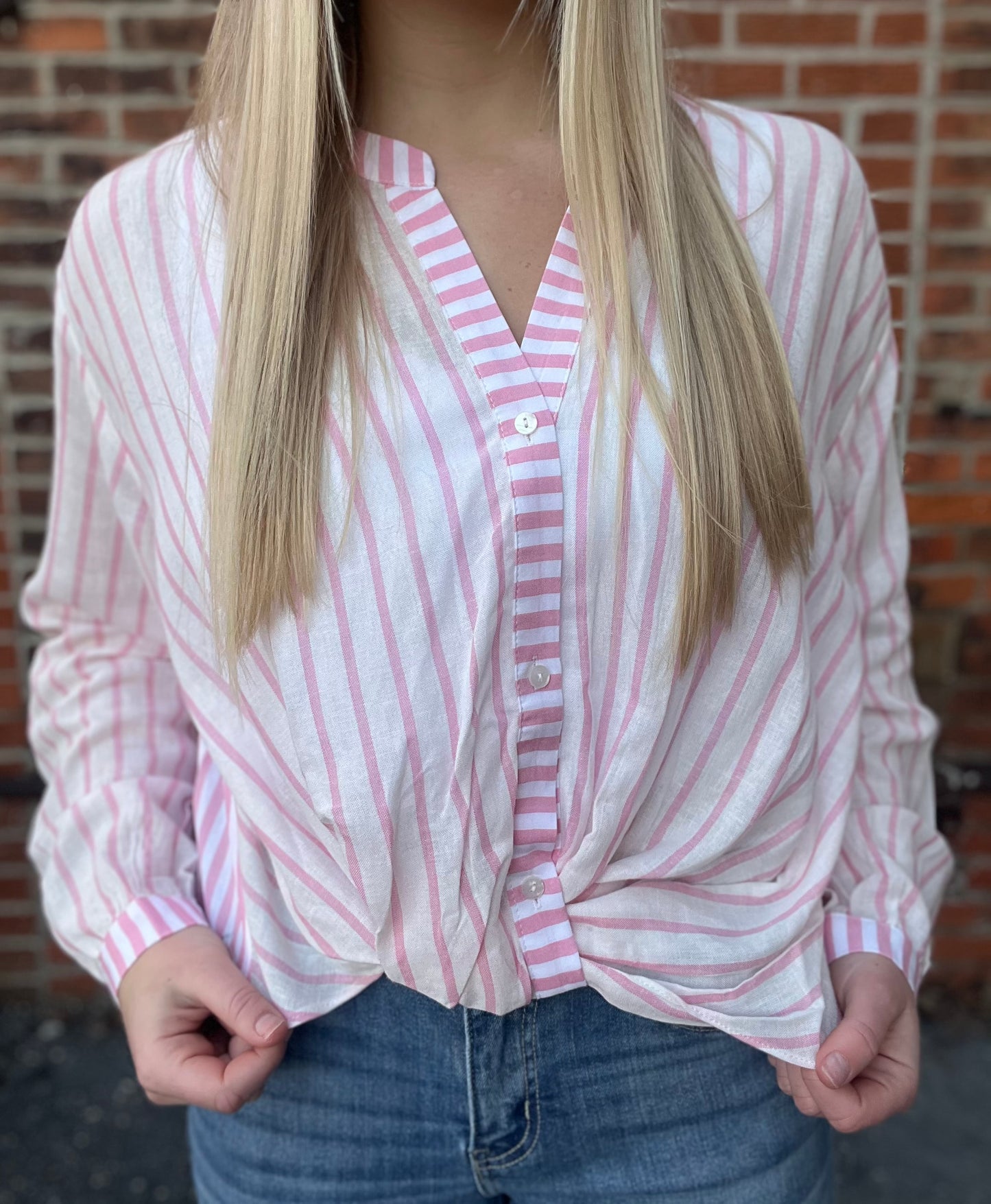 The Marlowe Twist Front Striped High Low Top