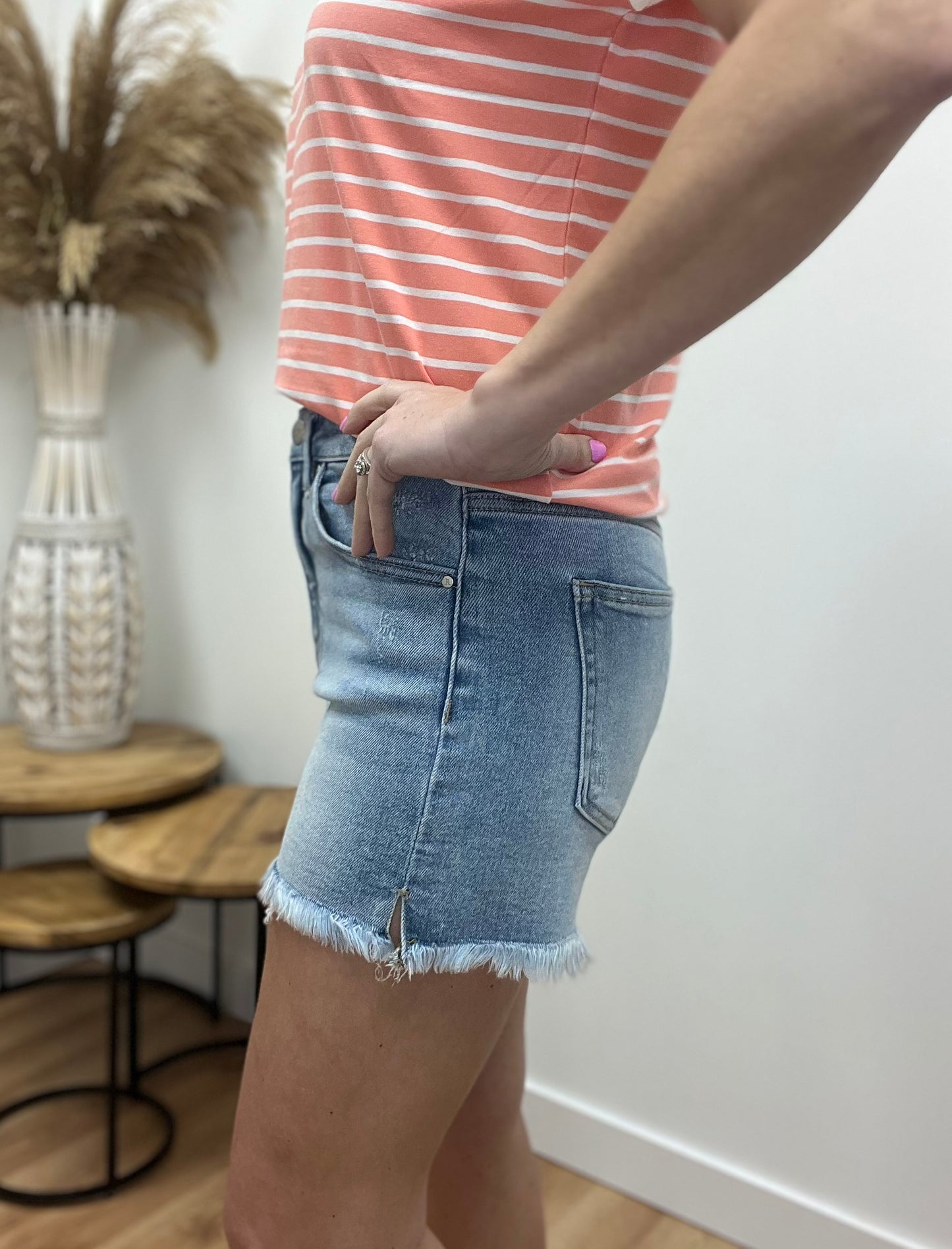 The Wrenlynn High Rise Light Wash Jean Shorts