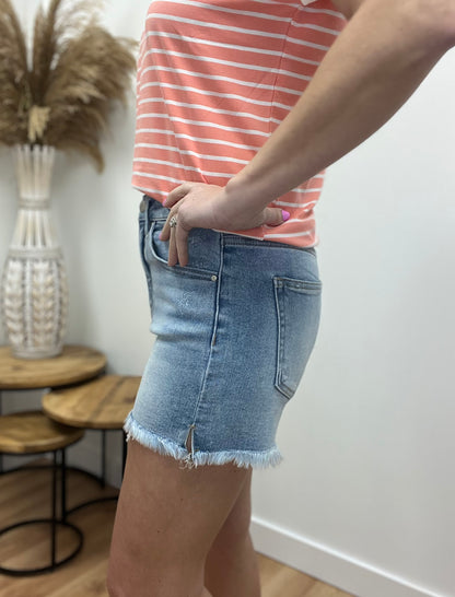 The Wrenlynn High Rise Light Wash Jean Shorts