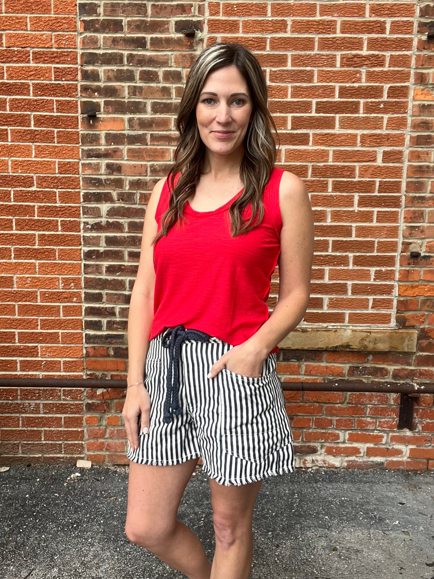 The Dara Mineral Wash Rope Belt Striped Shorts