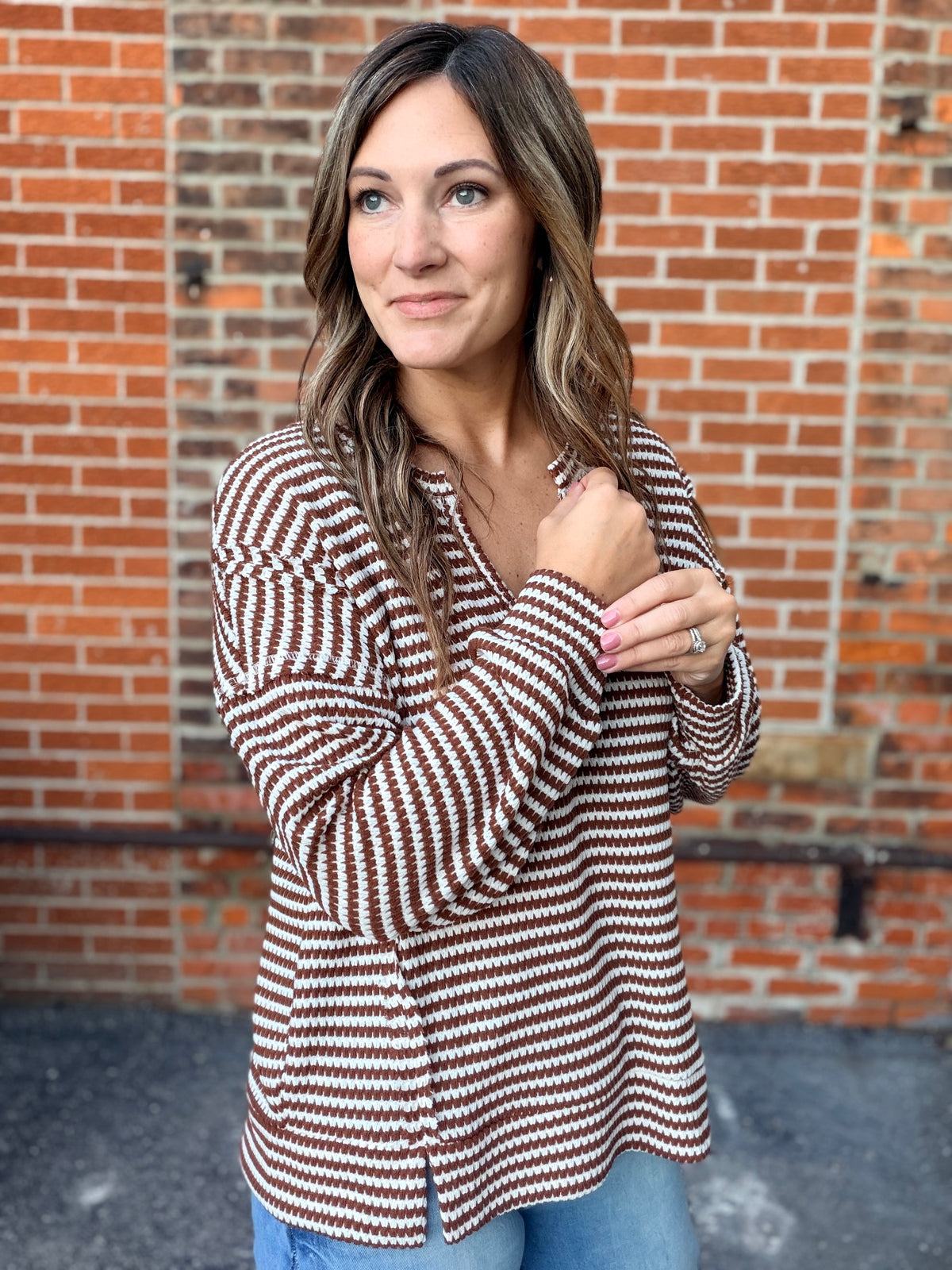 The Kaysen Stripe Split Neck Long Sleeve Knit Top