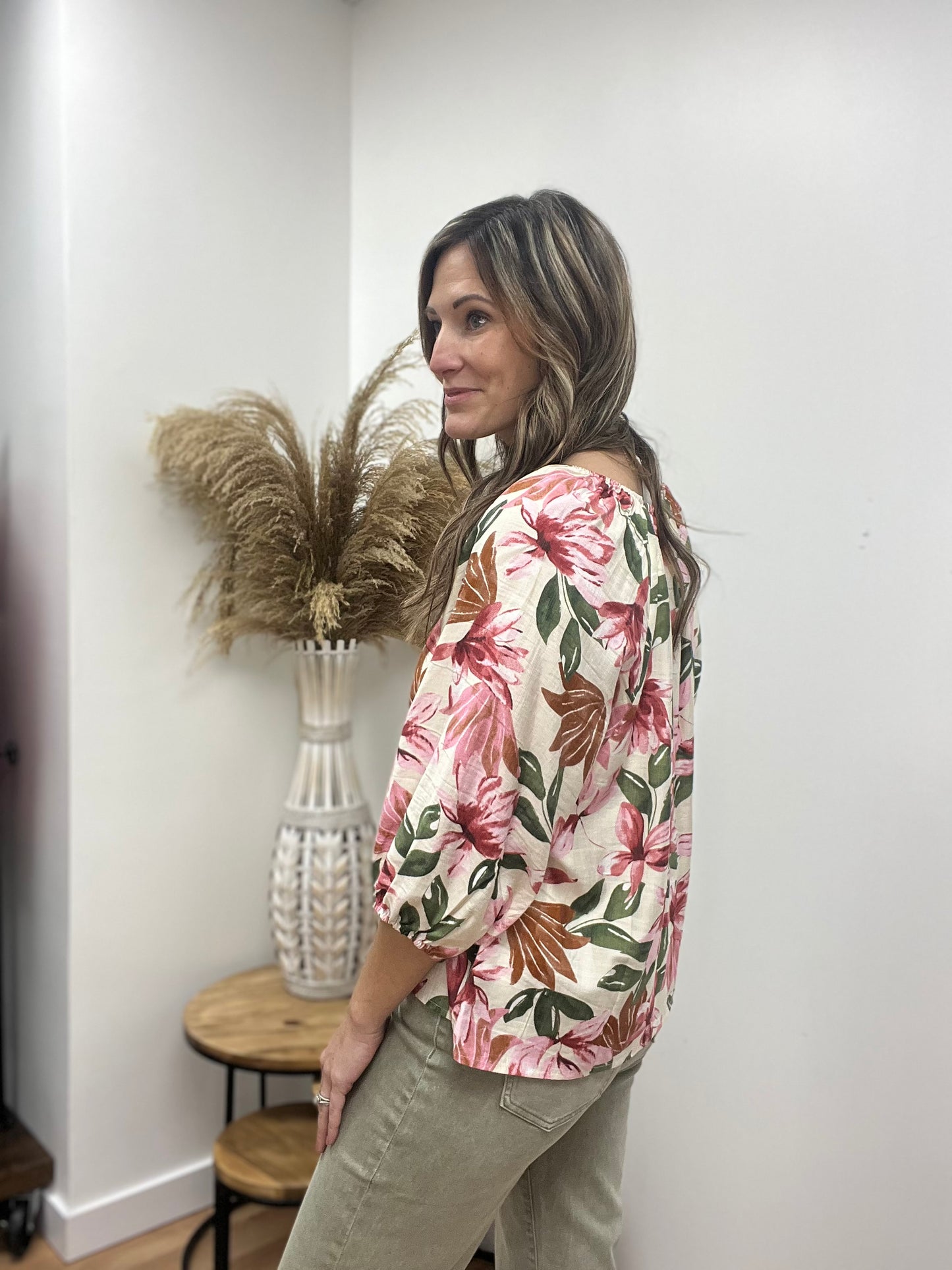 The Rosy Floral Print V Neck Blouse