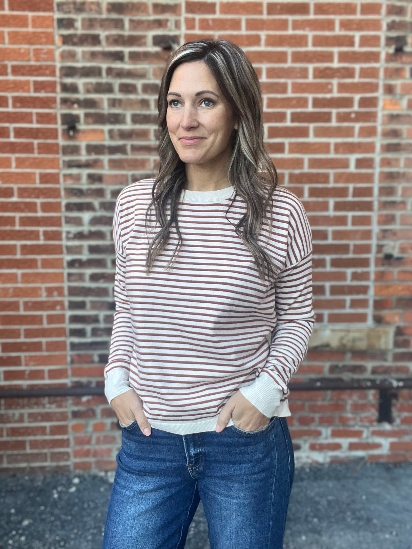 The Cleo Copper Striped Crewneck Knit Sweater