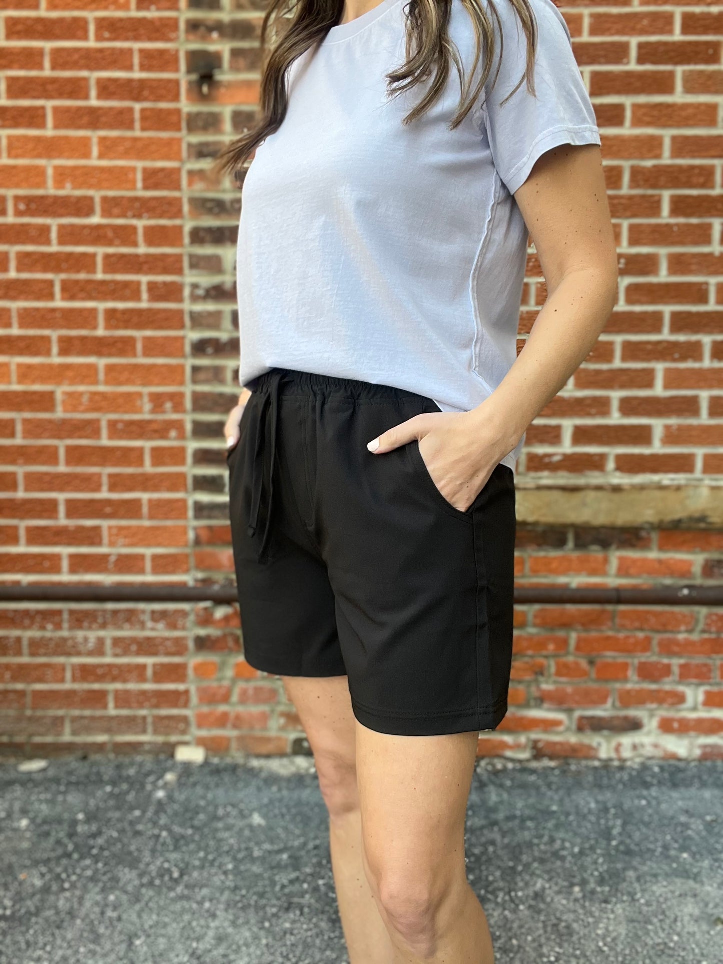 The Elowen Black And Khaki Elastic Waist Shorts