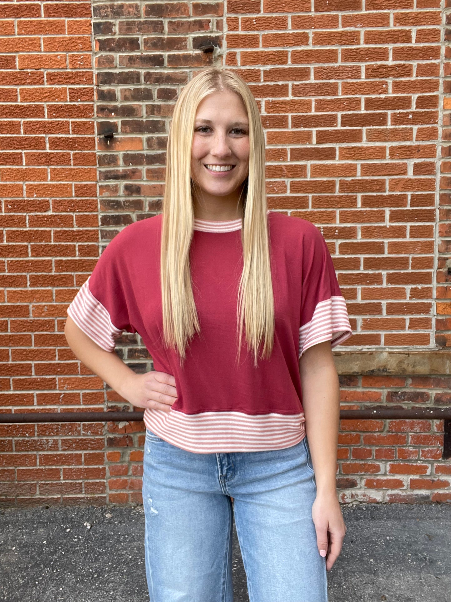 The Arlo Solid Half Sleeve Crop Top With Striped Sleeves